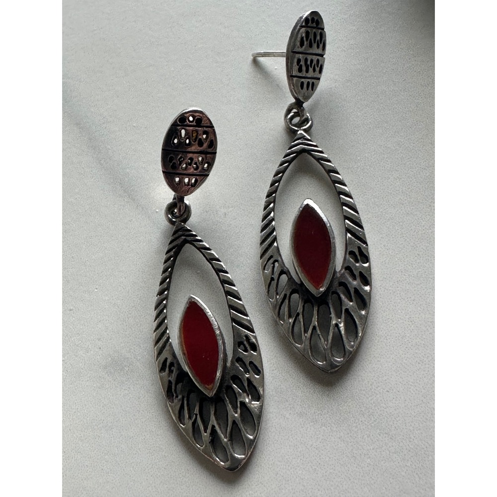 Vintage 925 Sterling Silver Carnelian Marquise Teardrop Drop Earrings 7g